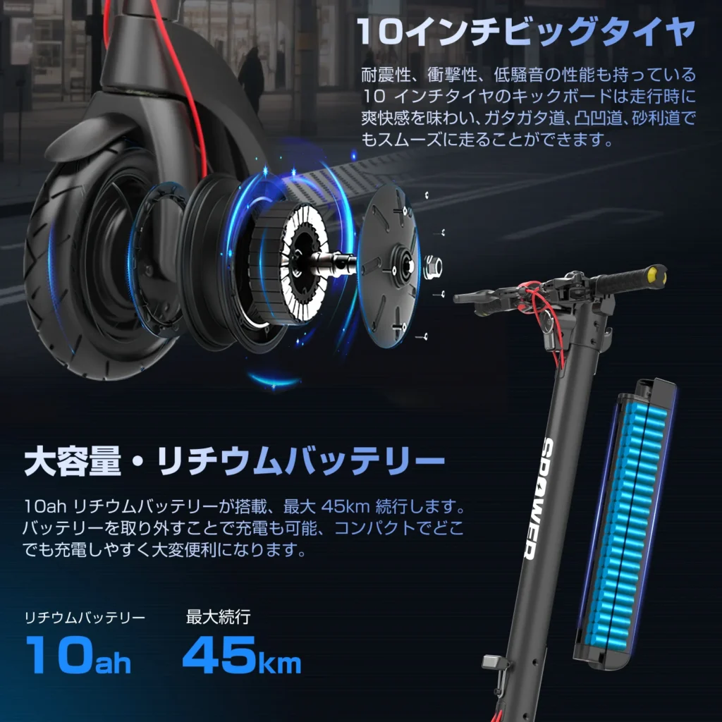 10インチタイヤと大容量バッテリーの電動キックボード
