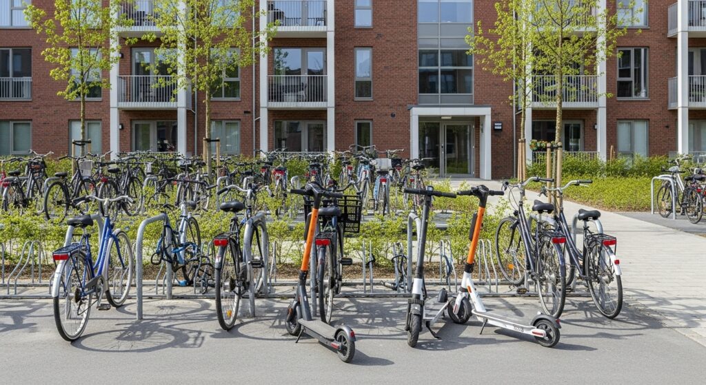 駐輪場にとまったたくさんの自転車と電動キックボード