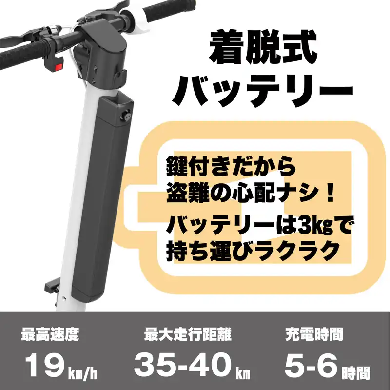 着脱できるバッテリーを搭載した電動キックボード
