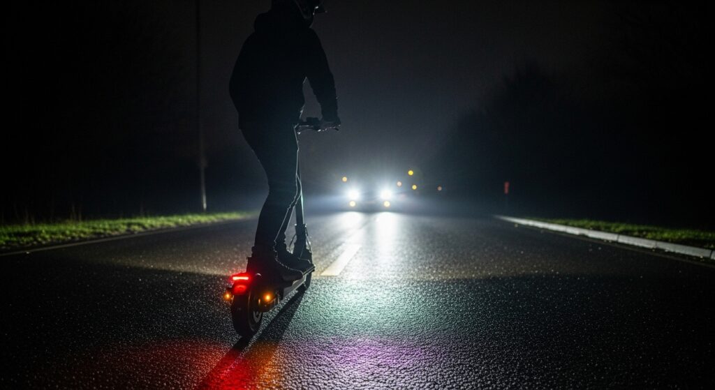 夜道で光る電動キックボードに乗る人