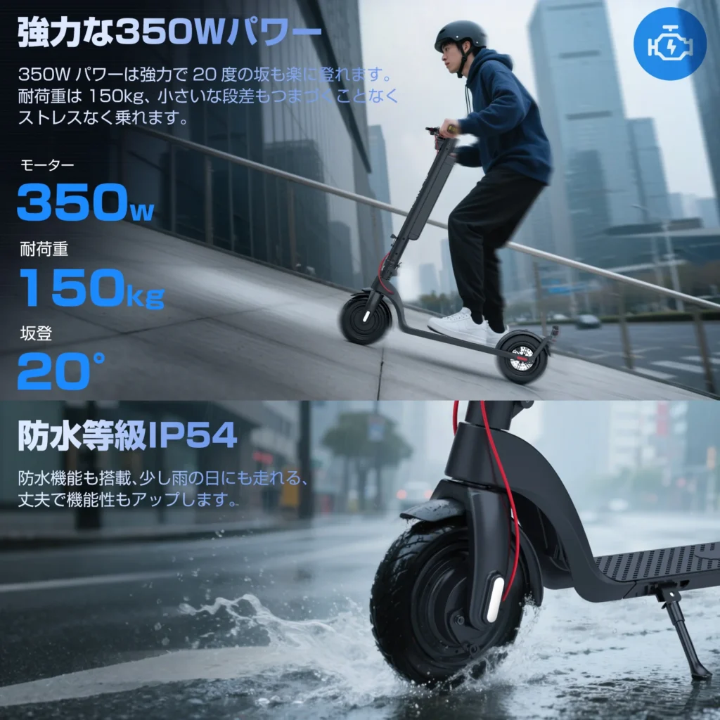 電動キックボードに乗る男性と雨の中を走る電動キックボード