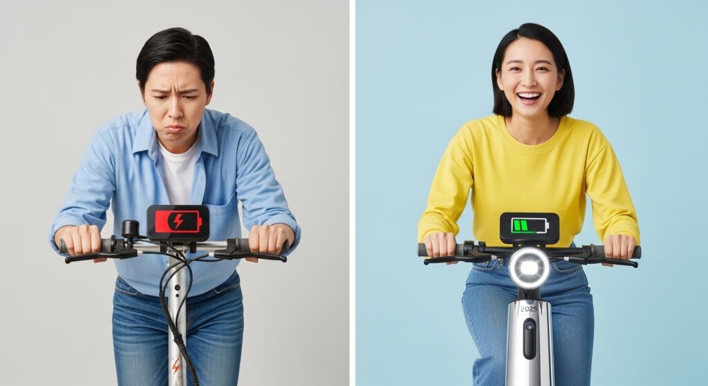 電動キックスケーターのバッテリー残量で表情が変わる2人の女性