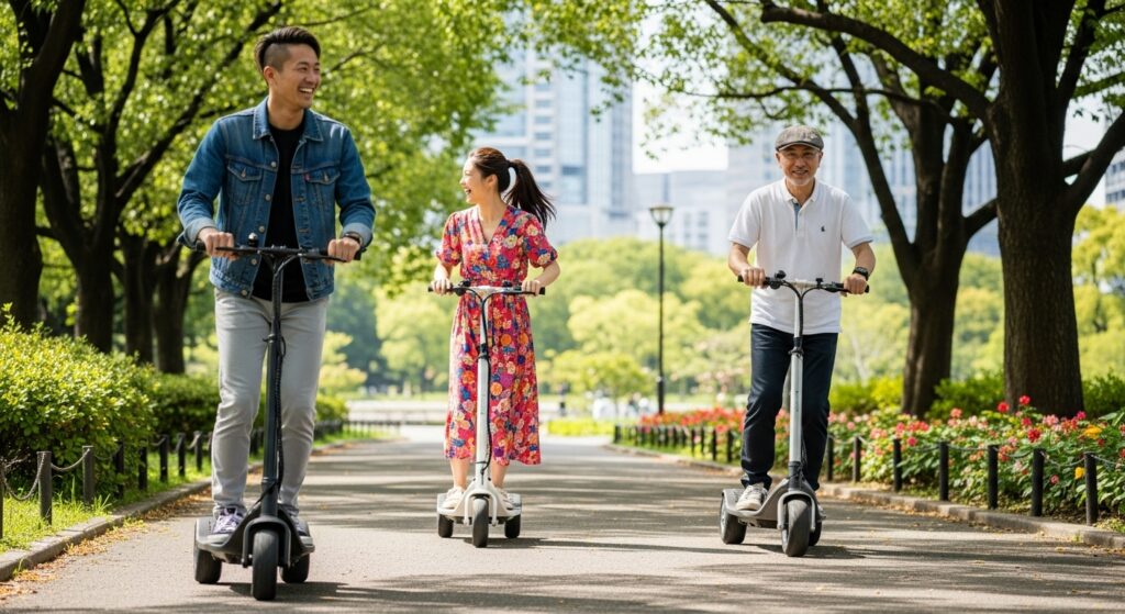 公園で電動キックボードに乗る3人