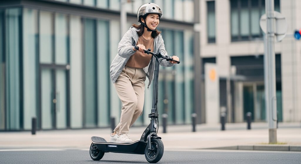 ヘルメットをかぶり電動キックスケーターに乗る笑顔の女性