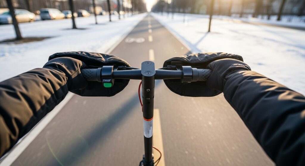 雪道を電動キックボードで走る手元の風景