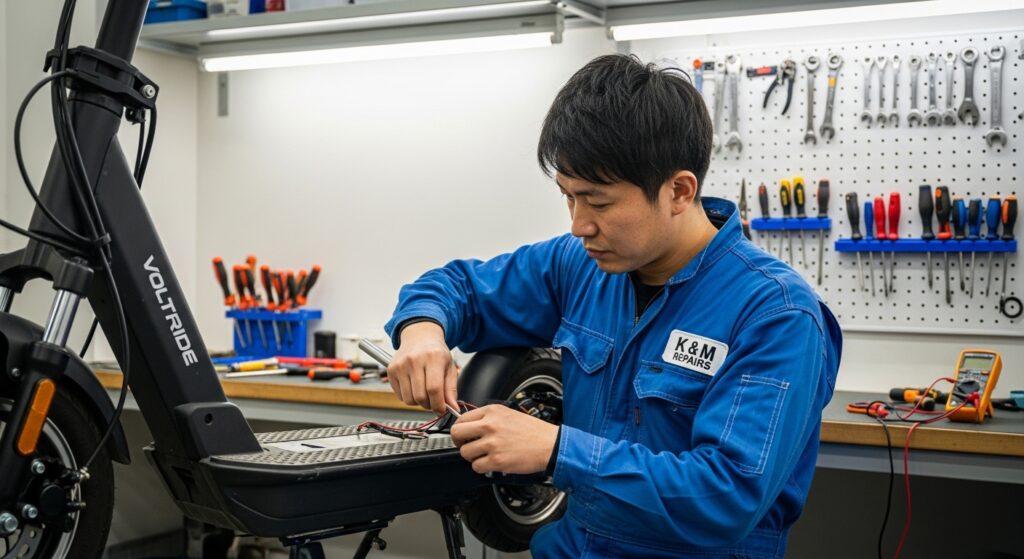 電動キックボードを修理する作業員