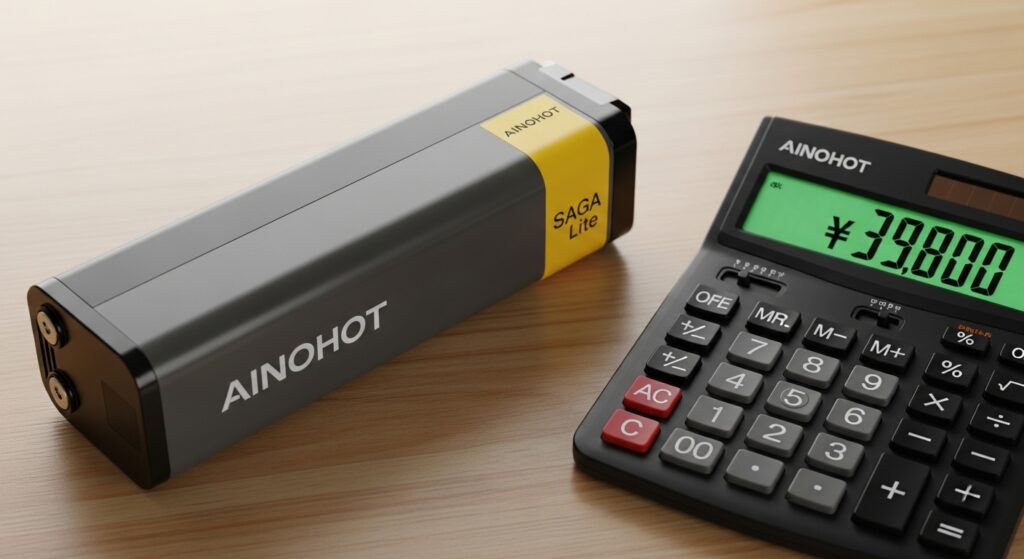 バッテリーと3万9800円と表示された電卓