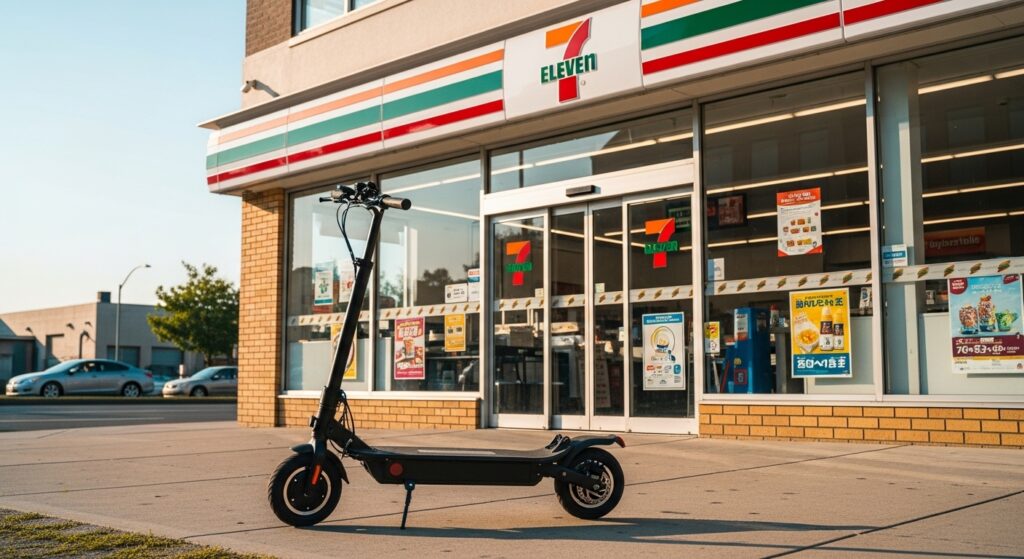 コンビニエンスストアの前に置かれた電動キックスケーター