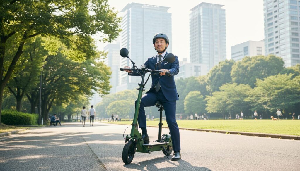 公園で電動キックボードに乗るスーツ姿の男性