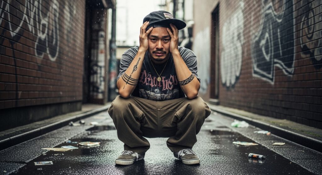 路地裏でうずくまる男性