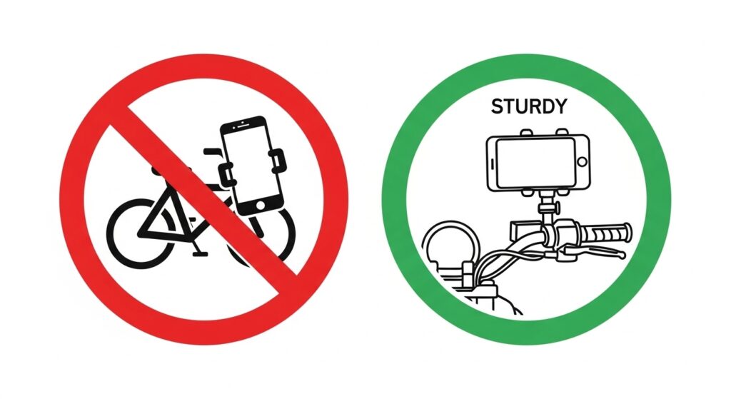 自転車へのスマホホルダー使用禁止とバイクへの頑丈なスマホホルダー使用許可のアイコン