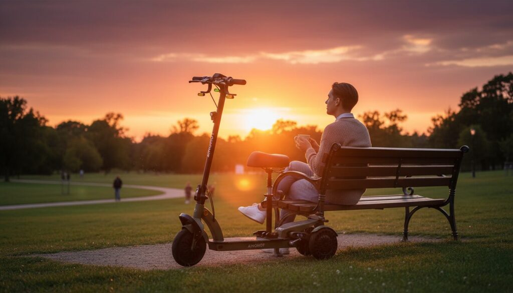 夕焼けの公園でベンチに座る男性と電動スクーター