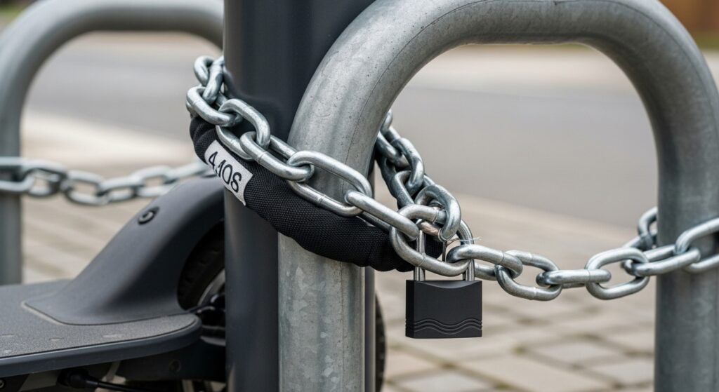 電動キックボードがチェーンと南京錠で駐輪ポールに固定されている様子