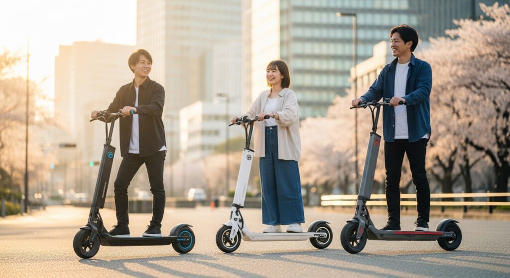 電動キックスケーターに乗る3人