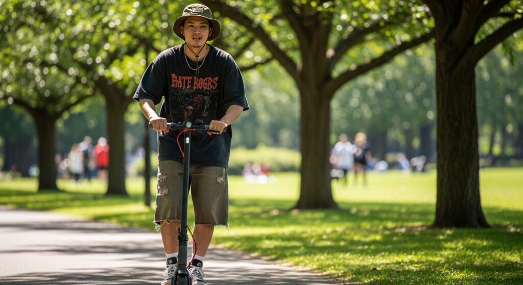 公園で電動キックボードに乗る男性