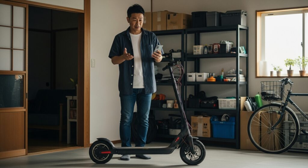 電動キックボードを見ながらスマホを操作する男性