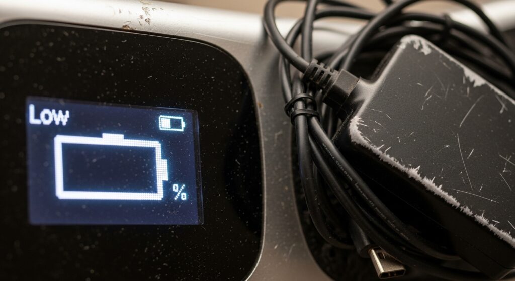 バッテリー残量低下の表示と充電器