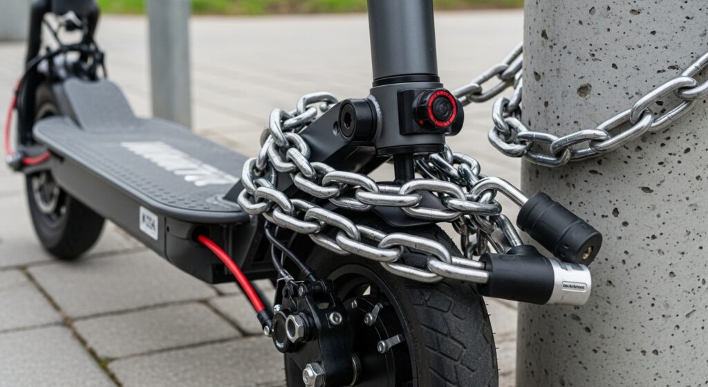 電動キックボードがチェーンと鍵で柱に固定されている様子