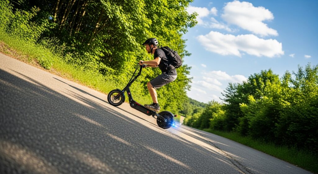 坂道を電動キックボードで走る男性