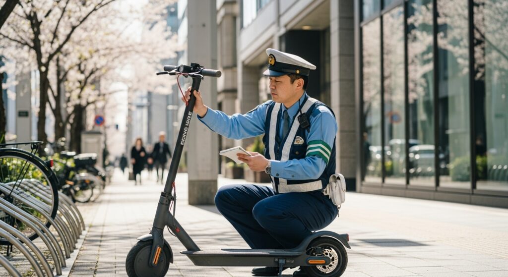 電動キックボードの点検をする警察官