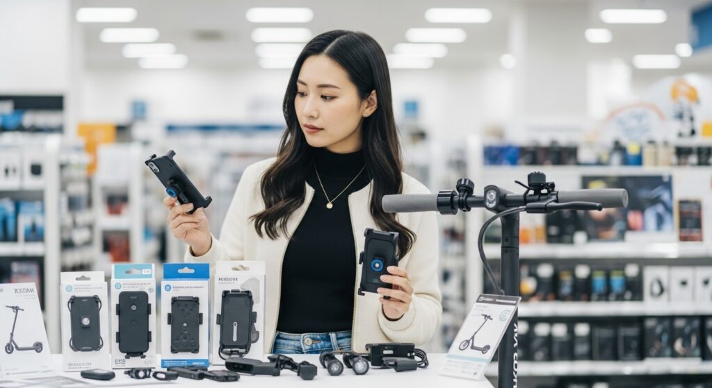 女性がスマホホルダーと電動キックスケーターを見る店内風景