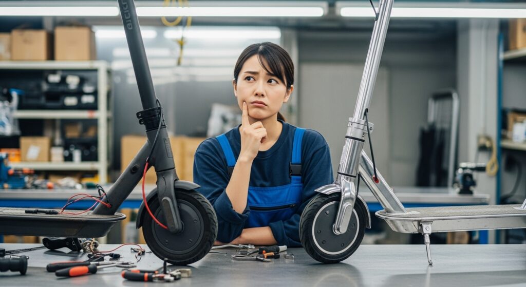 電動キックボードの修理に悩む女性整備士