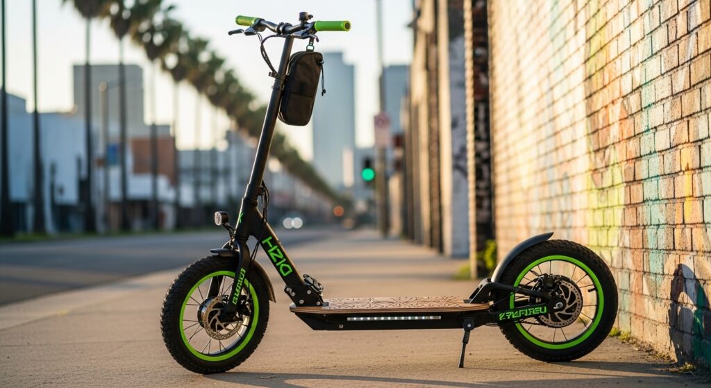 路上に置かれた緑色のアクセントが付いた黒い電動キックボード