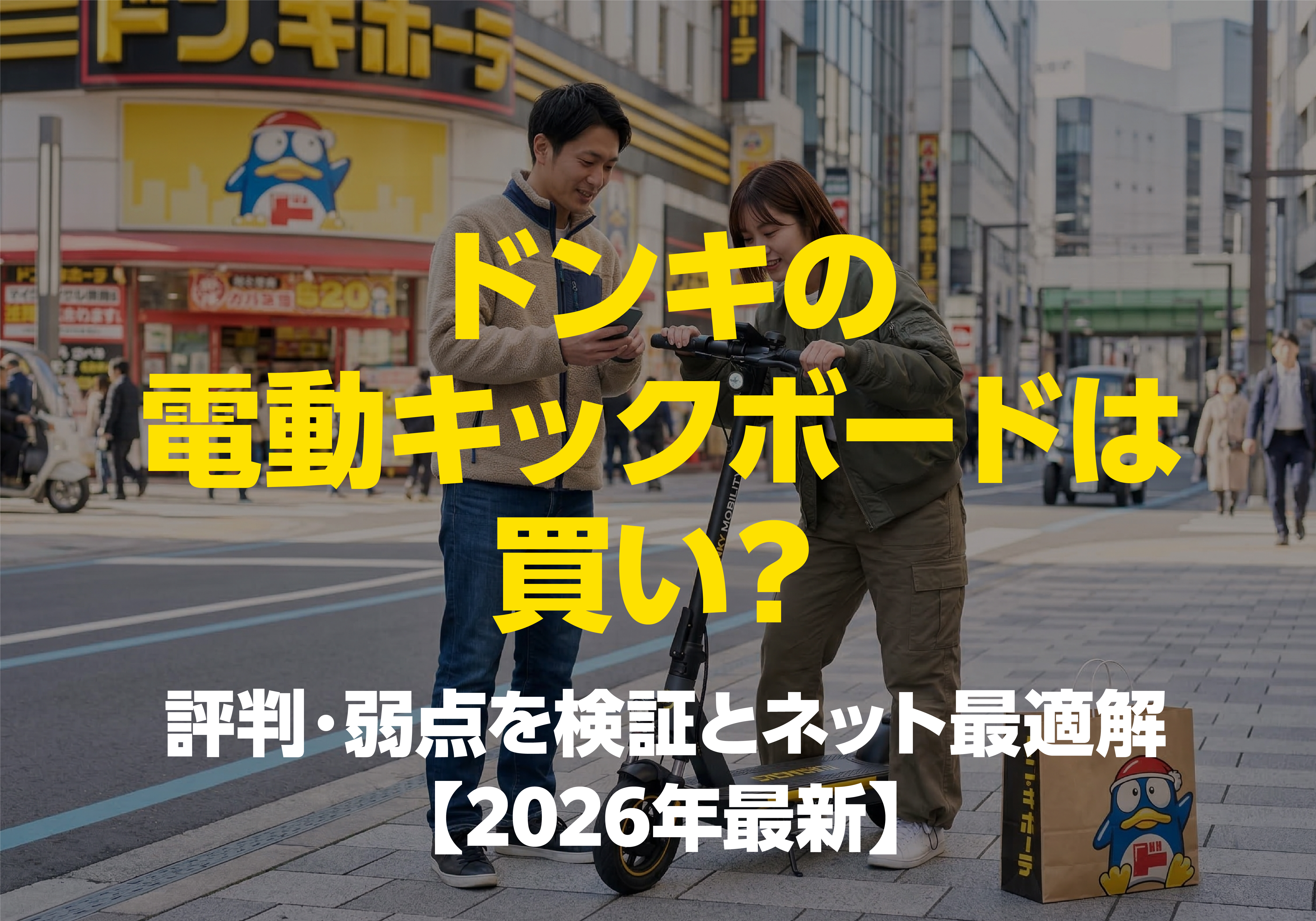 ドン・キホーテの店舗前で、購入した電動キックボードを前にスマートフォンで設定や情報を確認する男女。