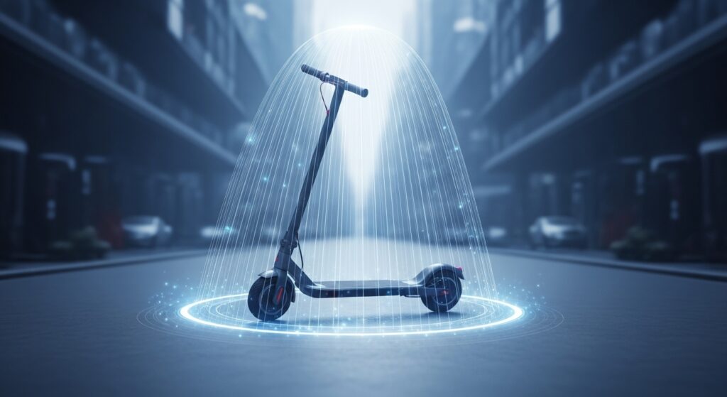 光に包まれた電動キックスケーター