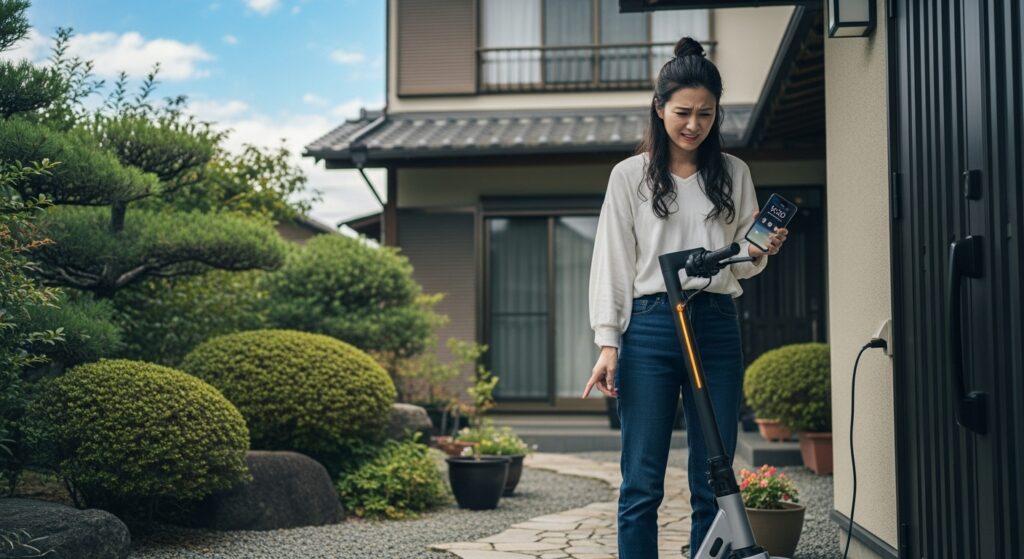 充電できない電動キックボードを見て困る女性