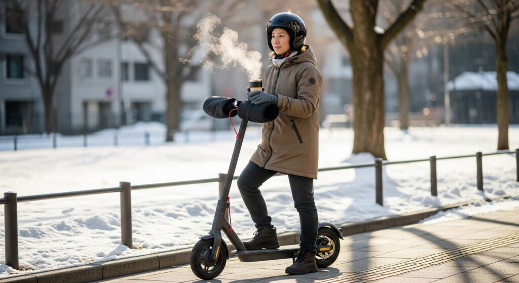 電動キックボードに乗るヘルメット姿の女性
