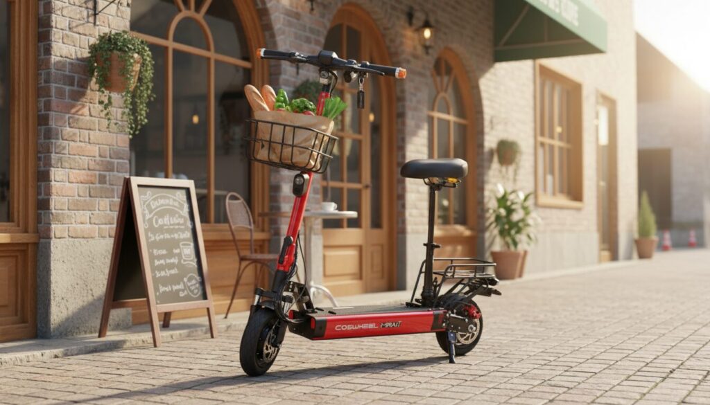パンが入ったカゴ付きの赤い電動キックボード