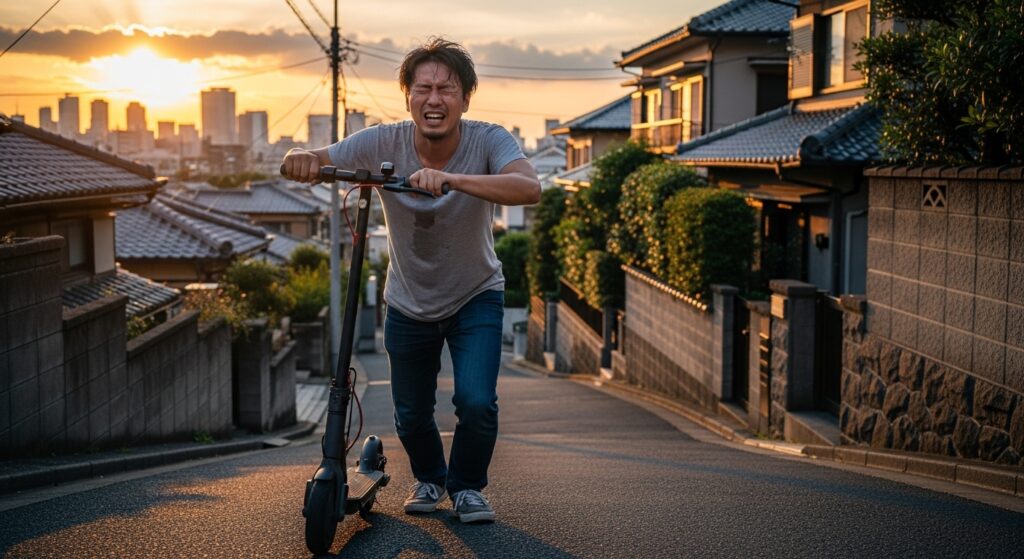 電動キックボードに乗って坂道を上る汗だくの男性