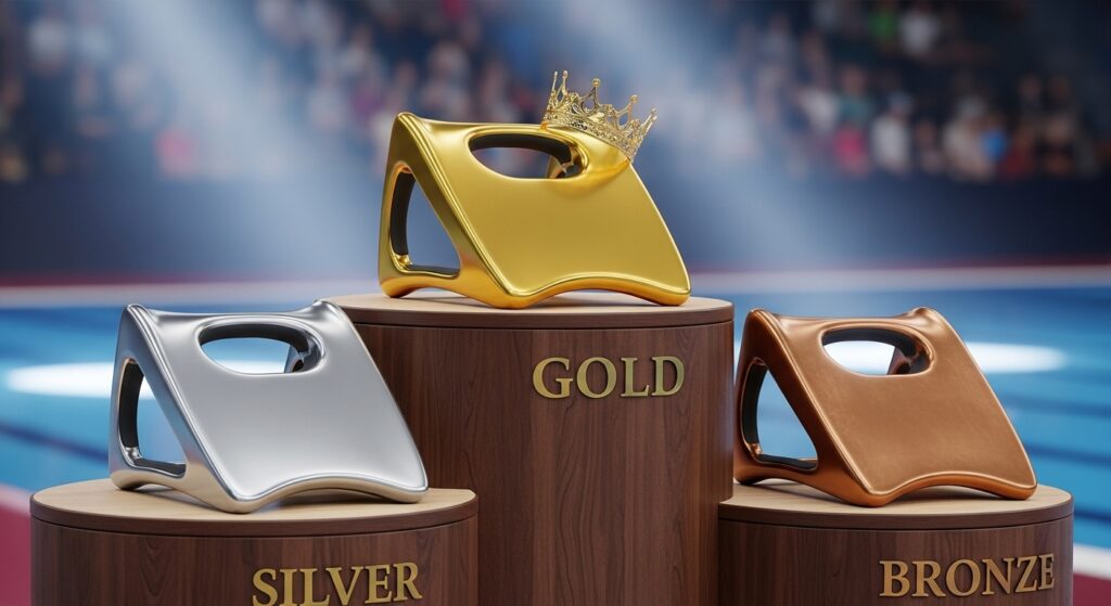 金銀銅のモダンなトロフィーが並んだ表彰台
