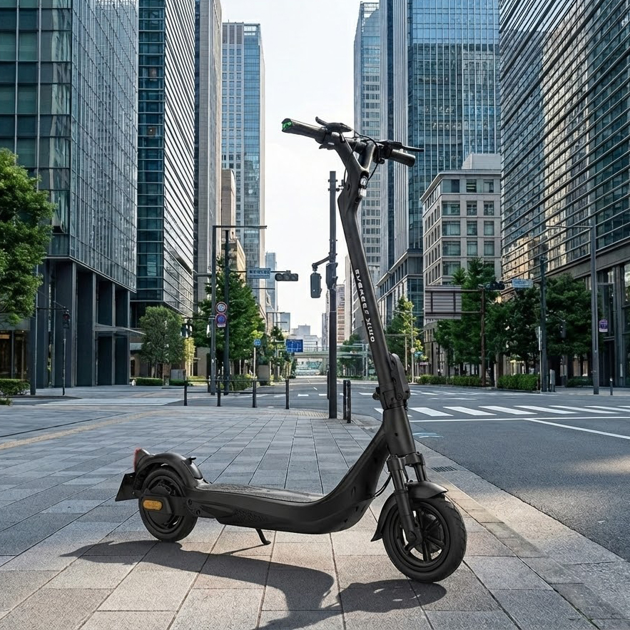 都会の道路に置かれた電動キックボード