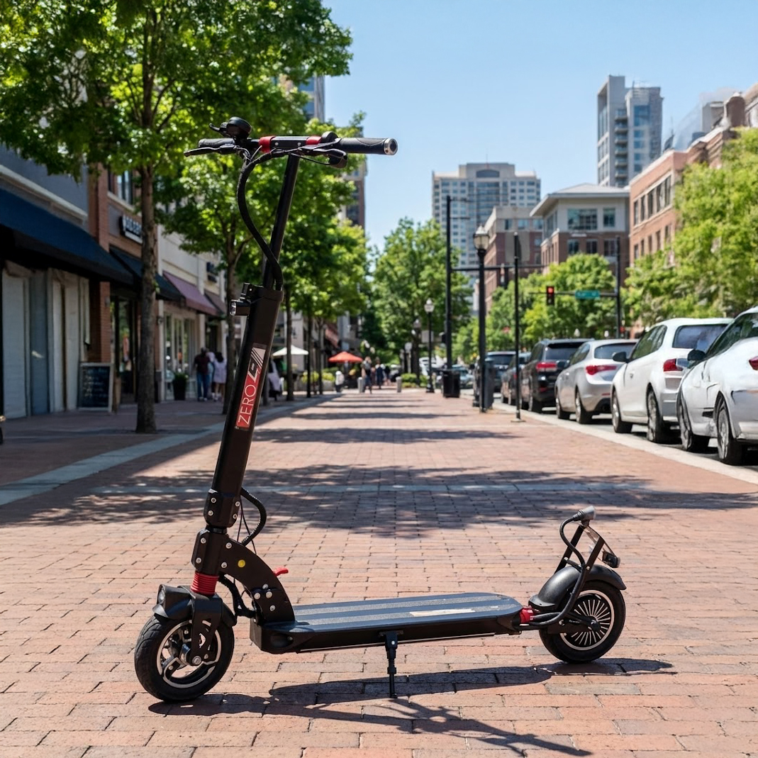 路上に立つ電動キックスケーター