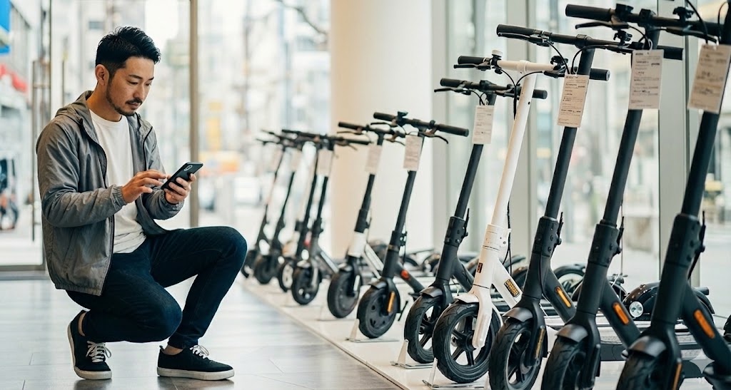 電動キックスケーターをスマホで見る男性