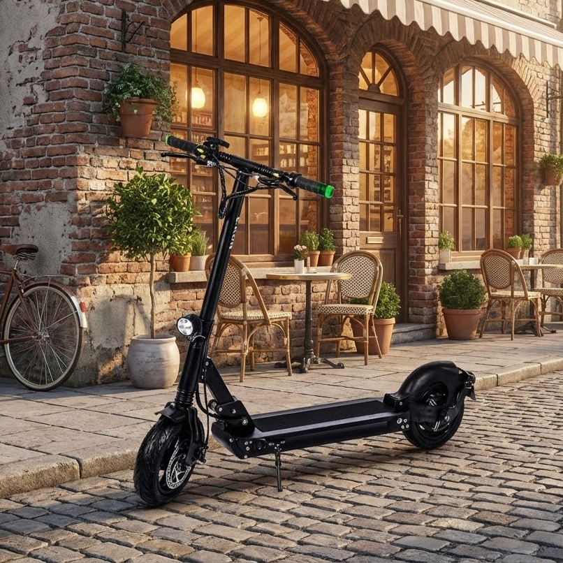 石畳の道に置かれた黒い電動キックスクーター