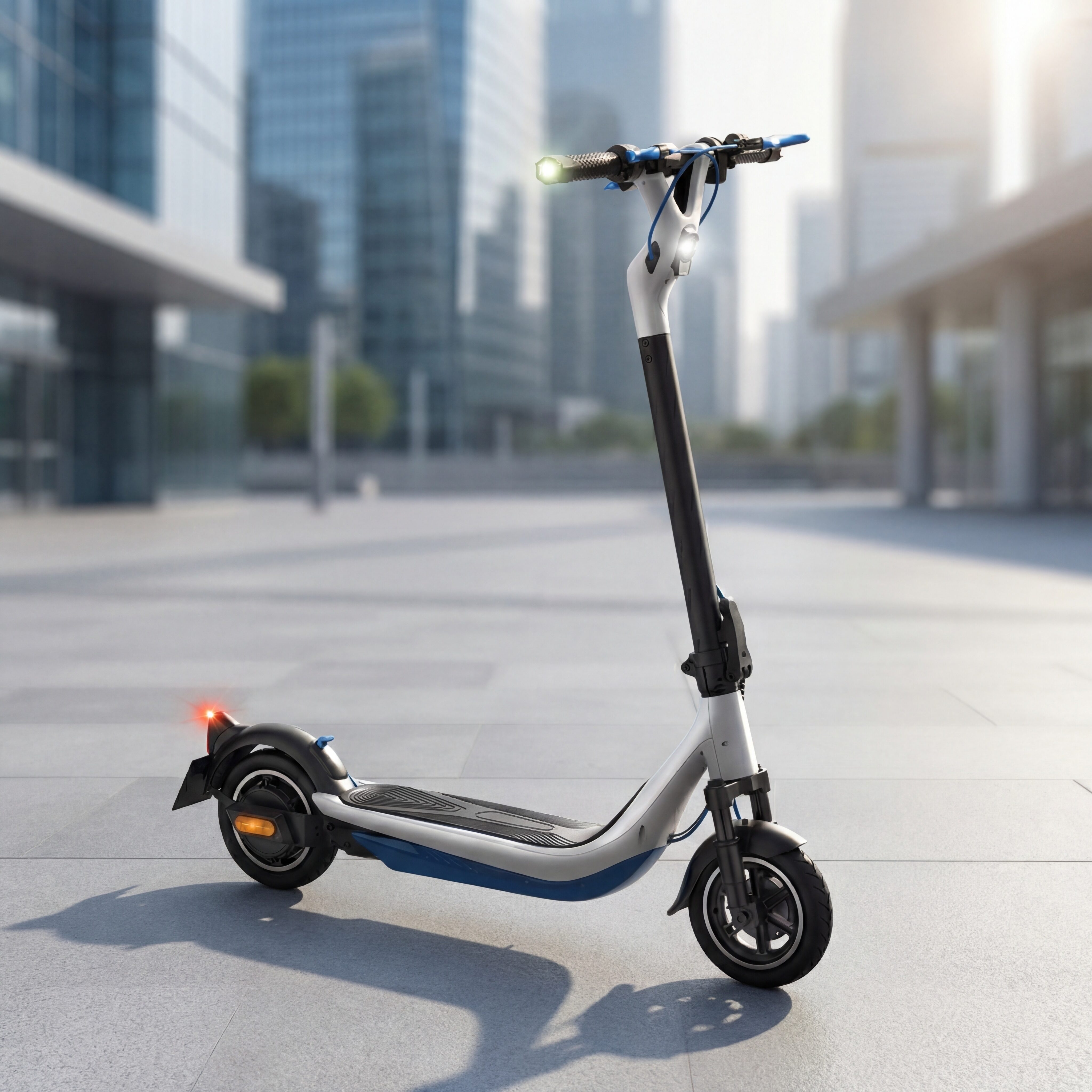 都会のビル街に停められた、ホワイトとブルーのツートンカラーが特徴的な電動キックボード『EVEREST XING EX15』。フロントサスペンションとLEDライトを装備したスタイリッシュなデザイン。