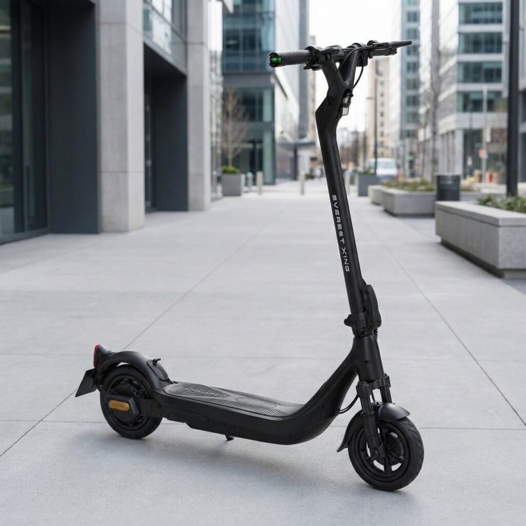 近代的なビル群を背景に立つ、ホワイトのフレームとブルーのボトムが鮮やかな電動キックボード『EVEREST XING EX15 PRO』。