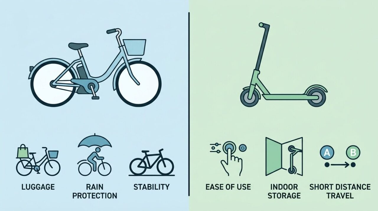 電動アシスト自転車と電動キックボードのメリット比較表。自転車は荷物積載・雨天対応・安定性に優れ、キックボードは手軽さ・室内保管・短距離移動に適していることを示す図解。