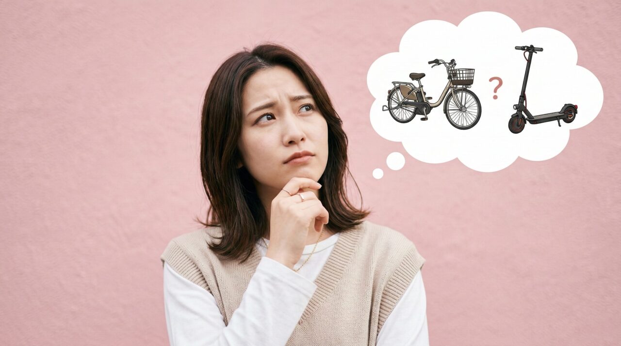 電動アシスト自転車と電動キックボードのどちらを購入するか悩む女性。ライフスタイルに合わせた移動手段の選択や比較をイメージした画像。