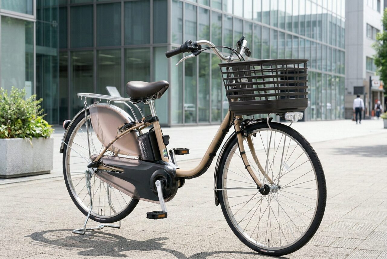ビルが立ち並ぶ都会のオフィス街に置かれた、ベージュカラーの電動アシスト自転車。大型のフロントバスケットと泥除けを装備した、通勤や日常使いに最適なシティサイクル。