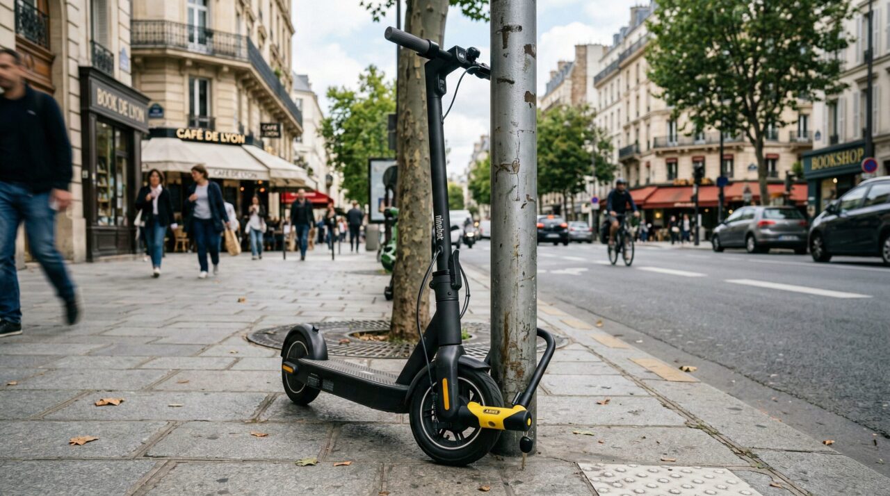 ヨーロッパの街並みの歩道で、電柱にU字ロックで盗難防止対策をして停車しているNinebot製電動キックボード