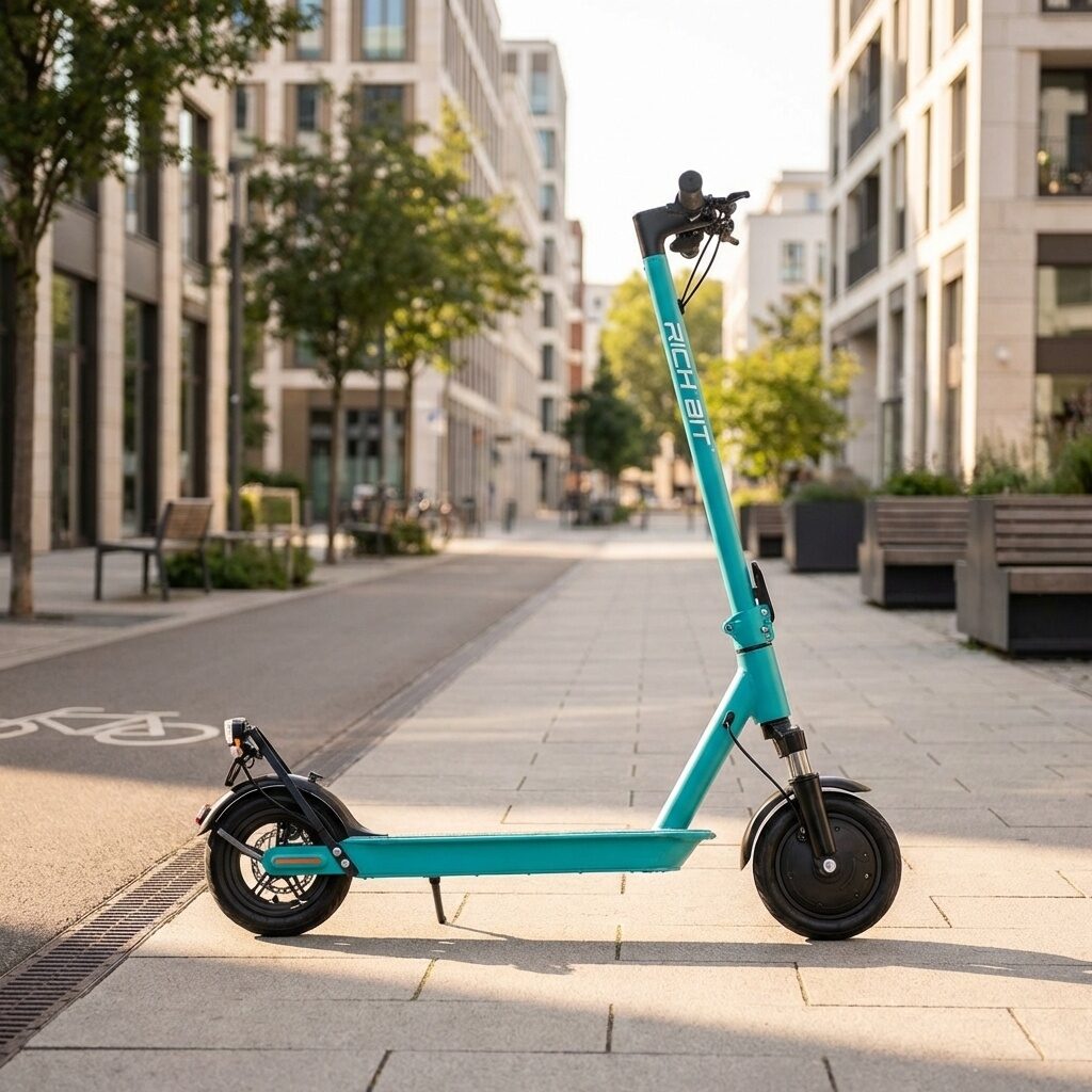 洗練された都市部の街並みを背景に、サイドから撮影されたティールブルーの特定小型原動機付自転車「RICHBIT ES1 Pro」電動キックボード
