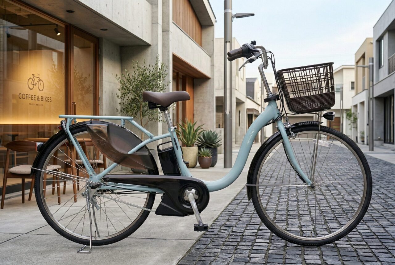 おしゃれなカフェの前に停められたライトブルーの電動アシスト自転車「YAMAHA PAS With」シリーズ。低床フレームで乗り降りしやすい街乗り向けの洗練されたデザイン。