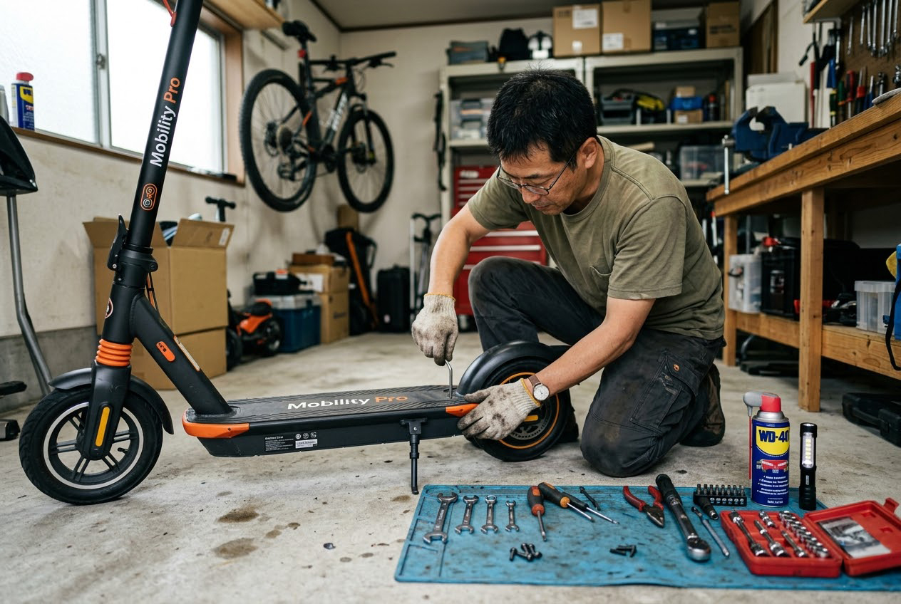 ガレージで電動キックボード（Mobility Pro）のデッキ部分を六角レンチでメンテナンスする整備士の男性。