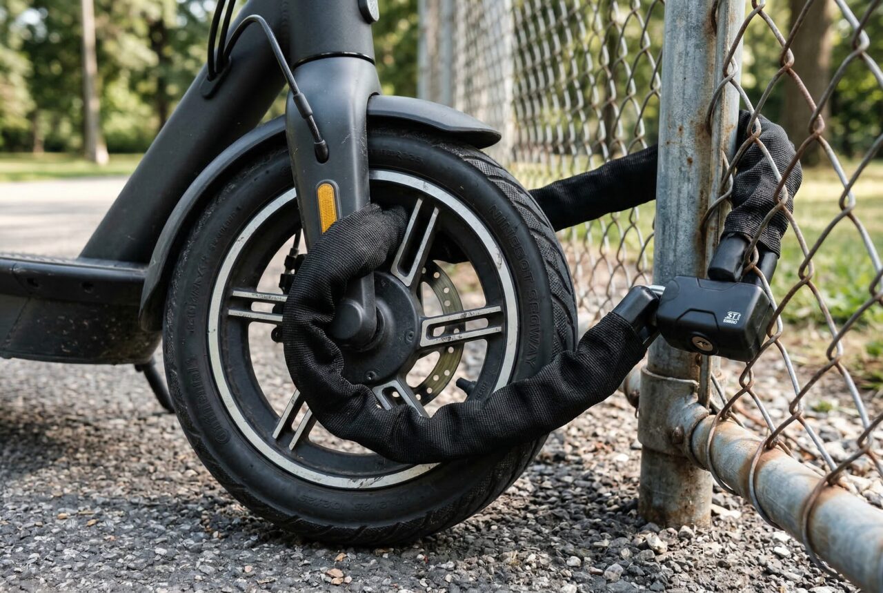 フェンスと電動キックボードのタイヤを頑丈なチェーンロックで繋ぐ「地球ロック」による盗難対策。