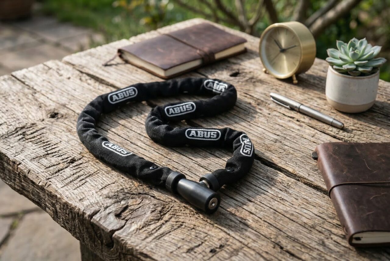 木目調のテーブルの上に置かれた、防犯性能の高いABUS（アバス）製の電動キックボード用チェーンロック。