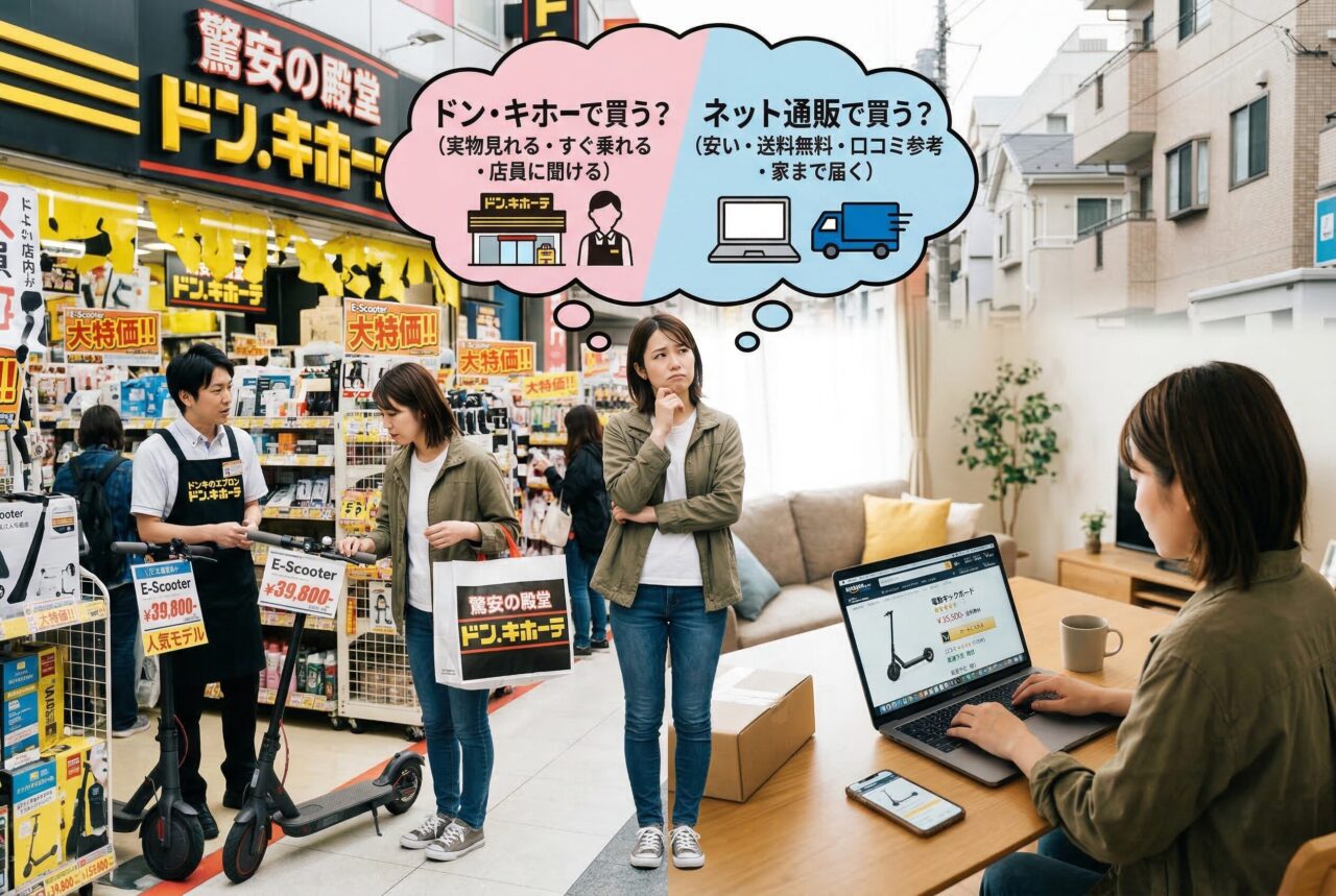 「ドン・キホーテでの実機確認」と「ネット通販での価格比較」のメリットを天秤にかけて悩む女性の比較イメージ図。